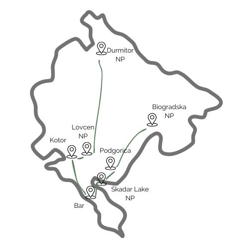 kaart met hoogtepunten van Montenegro